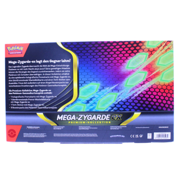 Rückansicht der Mega-Zygarde EX Premium-Kollektion mit Inhaltsbeschreibung (deutsch)